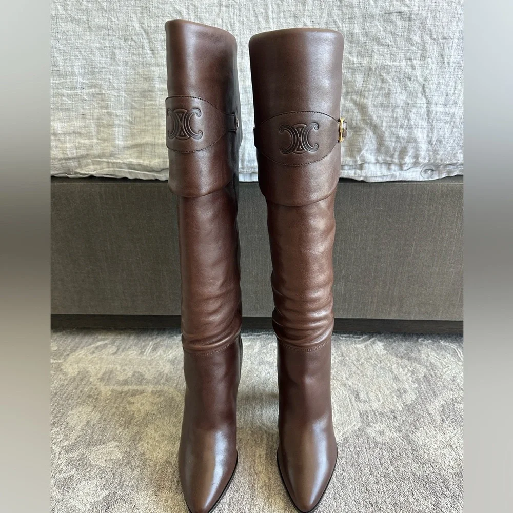 CELINE WILTERN Calfskin RIDING BOOT WITH TRIOMPHE 90mm Brown KneeHigh Boots 39.5 - Picture 3 of 16